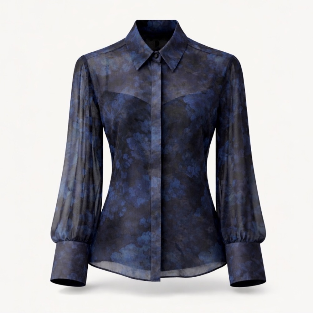 Blouse Sheer Blue Black Abstract EU 40 US 8 NWT Lynne